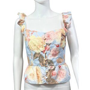 Guess Floral Peplum Top Womens L Blue Multicolor Smocked Sleeveless Cotton Blend